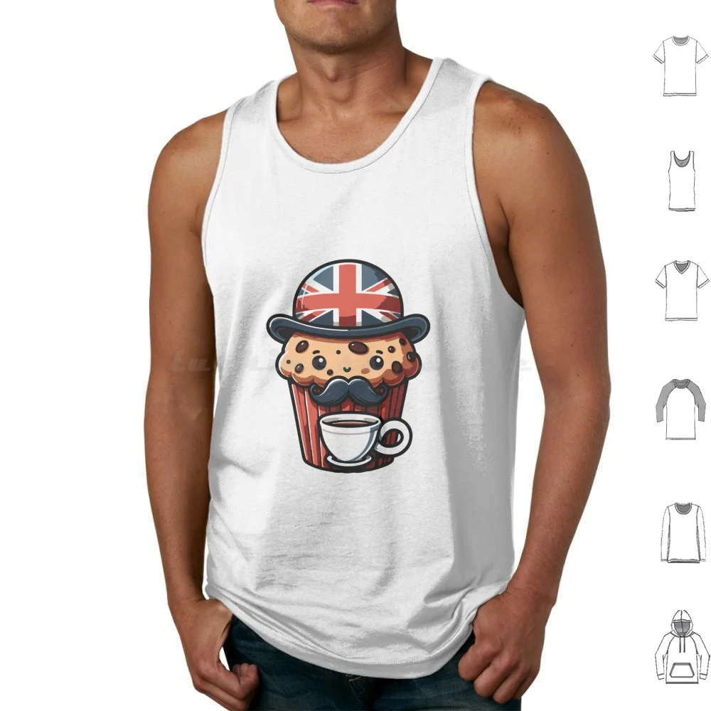 Lindo inglés Muffin camisetas sin mangas chaleco sin mangas té inglés Muffin desayuno Cupcake galleta hornear Unión Jack bigote