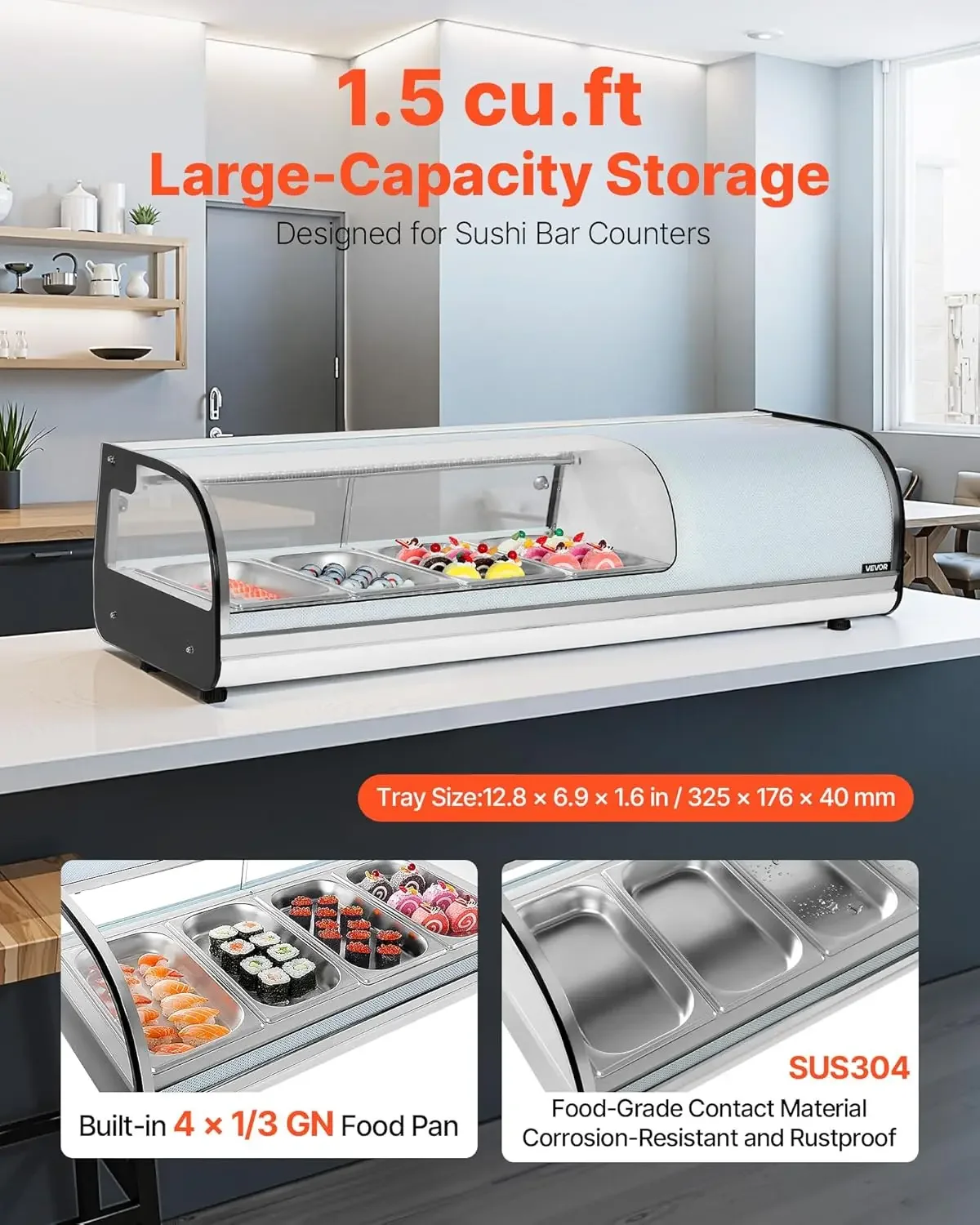 Sushi Display Case Refrigerator 1 5 Cu ft Commercial Sushi Case 4 Pan Countertop Showcase with Curved Glass LED Lighting