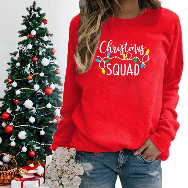 Christmas Lights Christmas Squad Print felpe girocollo Fashion Print felpe Casual natalizie da donna regali di natale