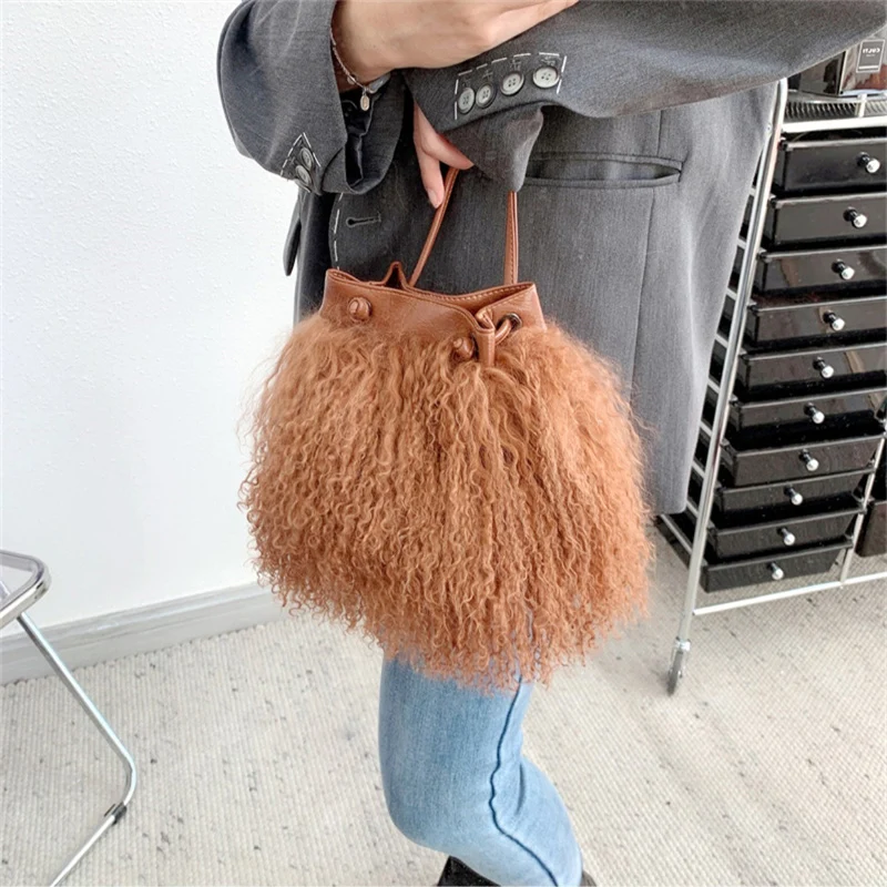 Real Genuine Mongolian Lamb Fur HandBags Fashion Women Curly Hair Small Tibetan Sheepskin Shoulder Bags