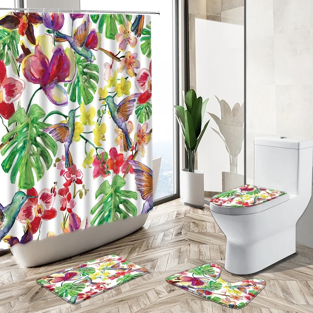 Tropical Jungle Theme Shower Curtain Green Plant Flower Bird Animal Pattern Non-Slip Pedestal Rug Toilet Cover Bathroom Deco Set