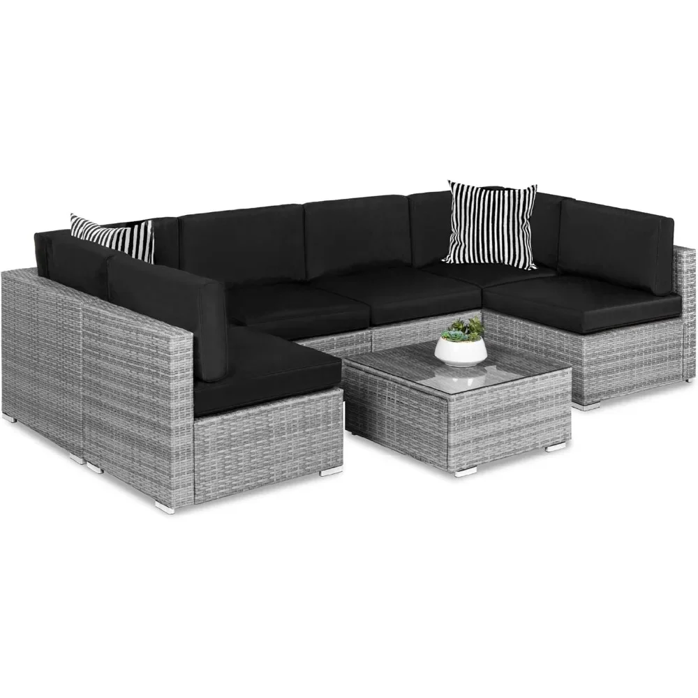 Outdoor Wicker Conversa Couch Set, Mobiliário Pátio Set, 2 Almofadas, Mesa de Café Tampa Incluída, 7 Pcs