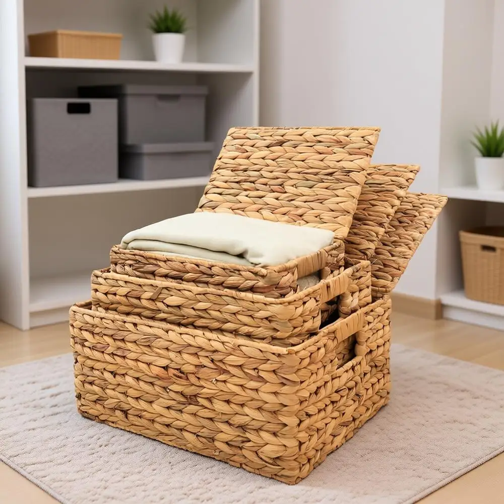 

Wicker Storage Baskets with Lid, Rectangle Decorative Storage Basket 14D X 11W X 7H, Large Rattan Storage Box
