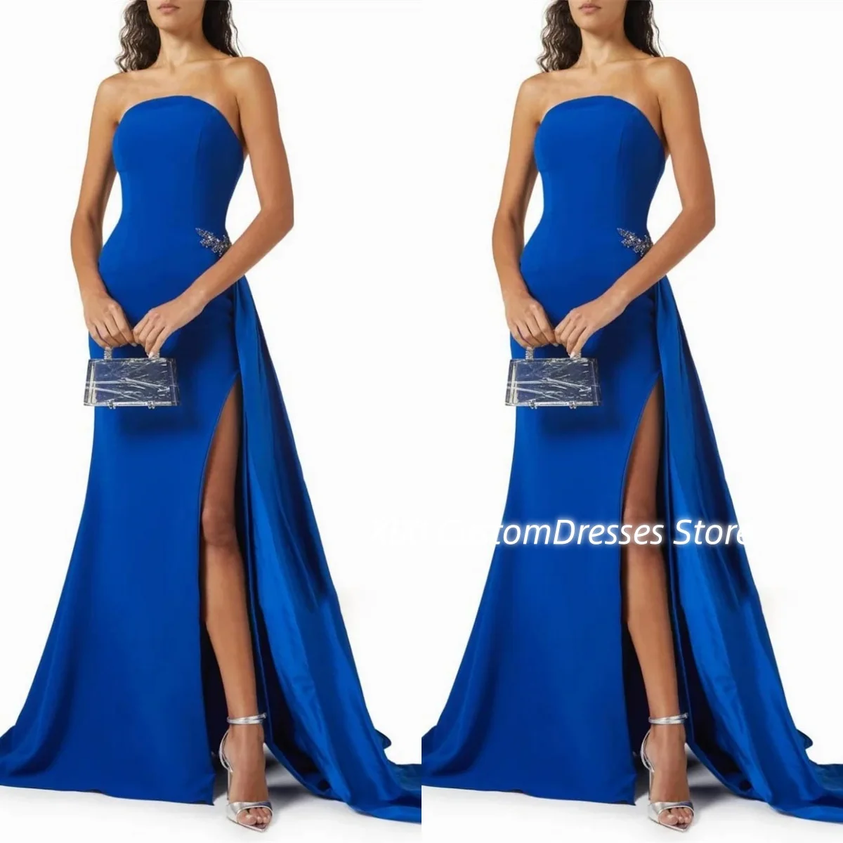 

Blue A-Line Vestidos De Festa Split Customize Dress Women Elegant Luxury Beadings Floor-Length Zipper Gala Dresses Woman Sleevel