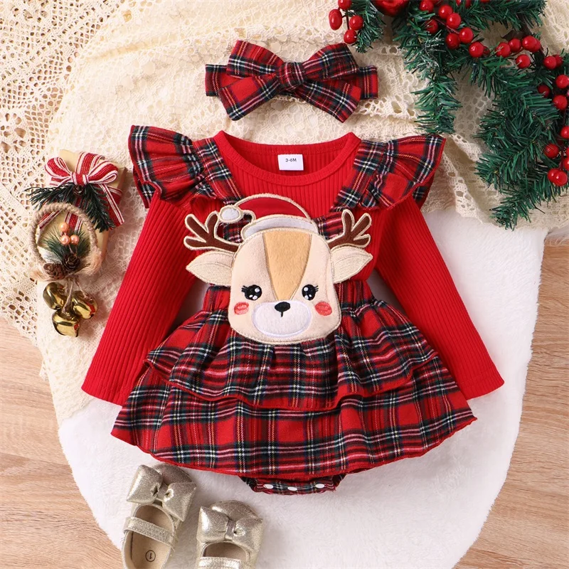 

0-18M Newborn Infant Baby Girls 3pcs Skirt Sets Long Sleeve Ribbed Tops Plaid Suspender Romper Dress Headband Cute Clothes Sets