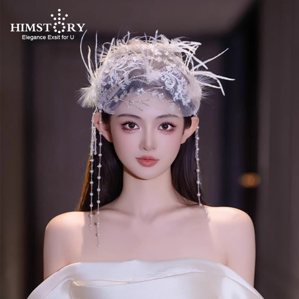 

HIMSTORY Retro French Aesthetic Lace Feather Beaded Netting Creative Hat Veil Wedding Hair Accessories