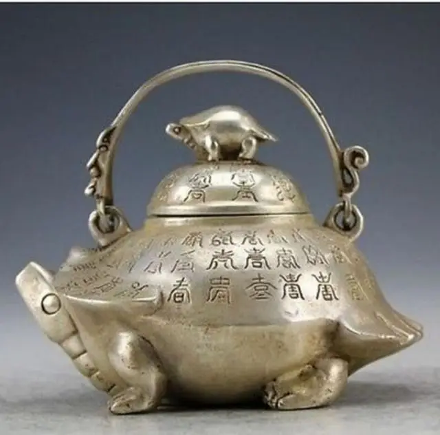 Handwork Oriental Vintage Handwork White Copper Portable Tortoise Teapot Garden Decoration 100% real Tibetan Silver Brass