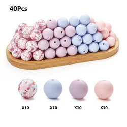 40Pcs Printed Silicone Bead Set Macaroon Colour Scheme Colourful Ornaments Craft for Handmade for Diy Necklace Keychain Bracelet