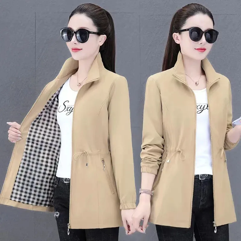 

Long Windbreaker Jacket Womens Spring New Girdling Casual Trench Coat High-Grade Female Parker Outerwear Stand Collar Zipper 5XL