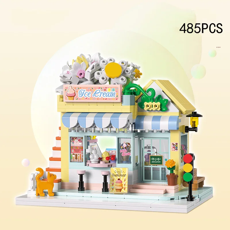 City Street View House Mini Block Cake IceCream Shop Idea Building Brick Grocery Store House Streetscape Toy With Light For Gift