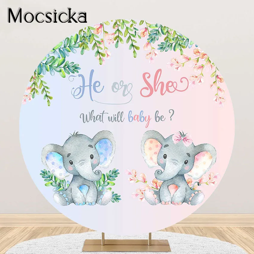 

Mocsicka Elephant Gender Reveal Party Decoration Backdrop Watercolor Pink or Blue Floral He or She Party Round Circle Cover