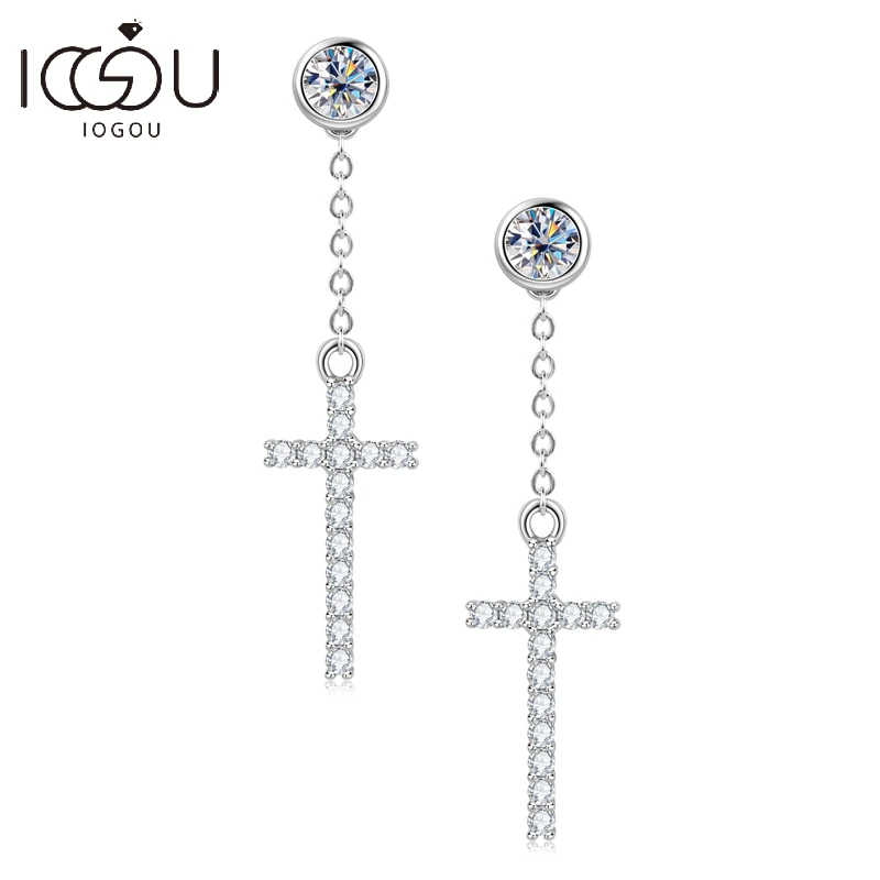 

IOGOU Women's Religion Earrings Original 925 Sterling Silver Round Cut 4mm Moissanite Tassel Chain Cross Drop Earrings Women Men