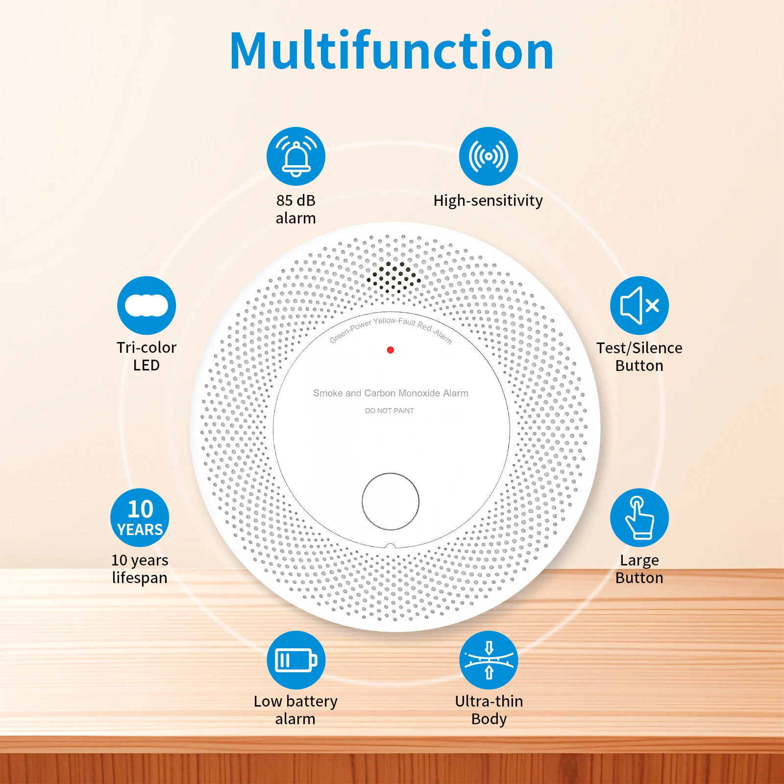 10-Year Battery Combination Smoke Carbon Monoxide Alarm Detector (Standalone)，2-in-1 Dual Sensor