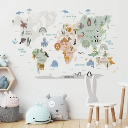 Watercolor Cartoon World Map Wall Stickers Animals Wildlife Kids Vinyl Nursery Art Decals for Babys Girls Room Home Decor