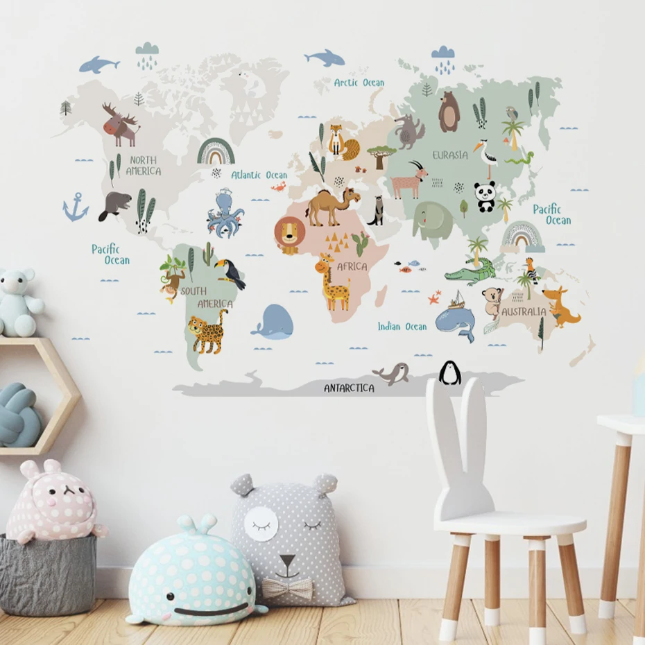 Watercolor  Cartoon World Map Wall Stickers Animals Wildlife Kids Vinyl Nursery Art Decals for Babys Girls Room Home Decor