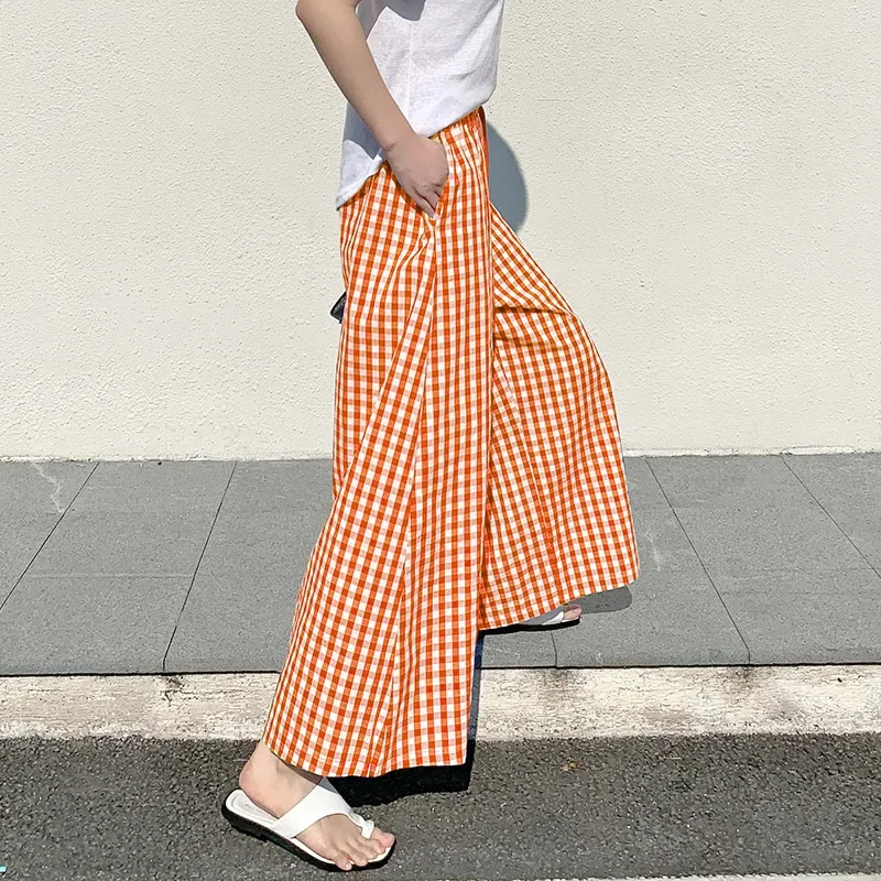 

2023 High Waist Drawstring Trousers Cotton Plaid Wide Leg Pant Women SummerFemale Vintage Pocket Ankle-Length Streetwear