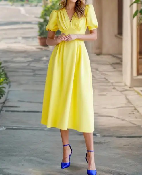 

2025 Vintage Solid Color V-Neck Lantern Sleeve Slim Fit Dress for Summer Women, Elegant Waist Cinched A-Line Short Sleeved Dress