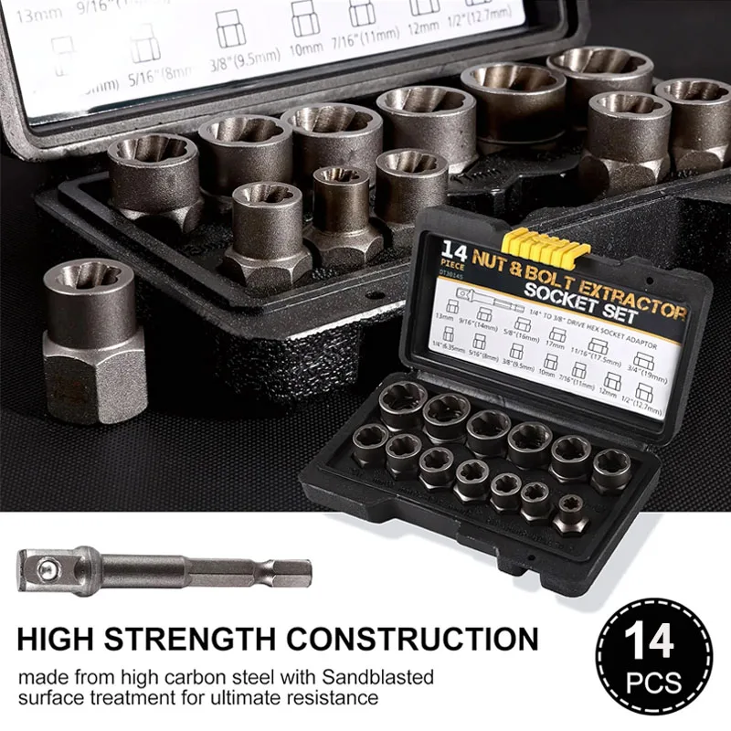 

Набор для извлечения болтов и гаек, 14 предметов, с шестигранным адаптером для удаления поврежденных, обжатых или потертых болтов и гаек.