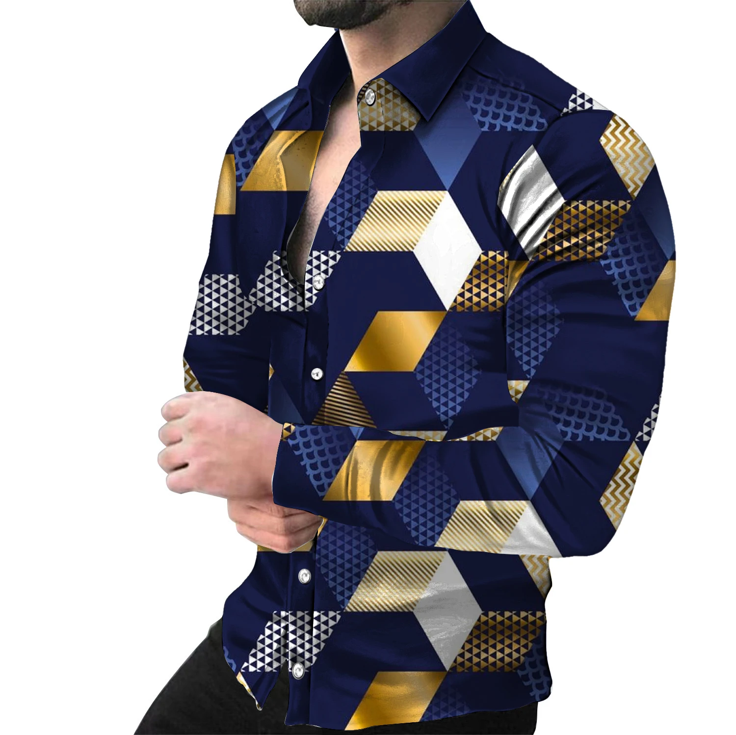 Men\'s shirt visual illusion graphic print stand up collar black, yellow, red, sky blue outdoor street long sleeved printed cloth