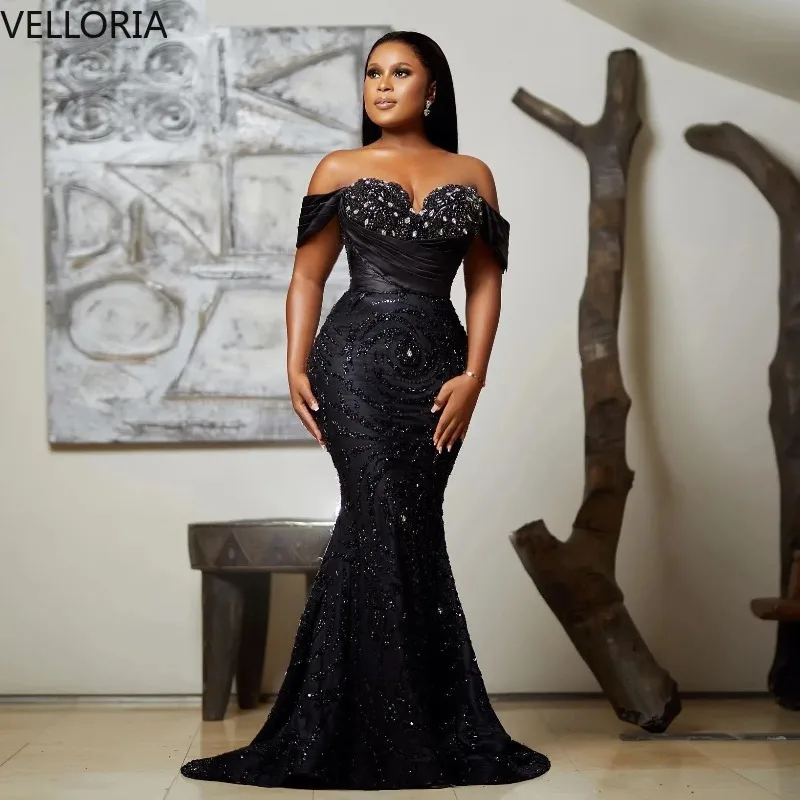 

Черные вечерние платья русалки с открытыми плечами и сердечками, расшитые бисером и блестками, платья для выпускного вечера, свадебные платья для матери невесты, Vestidos по индивидуальному заказу
