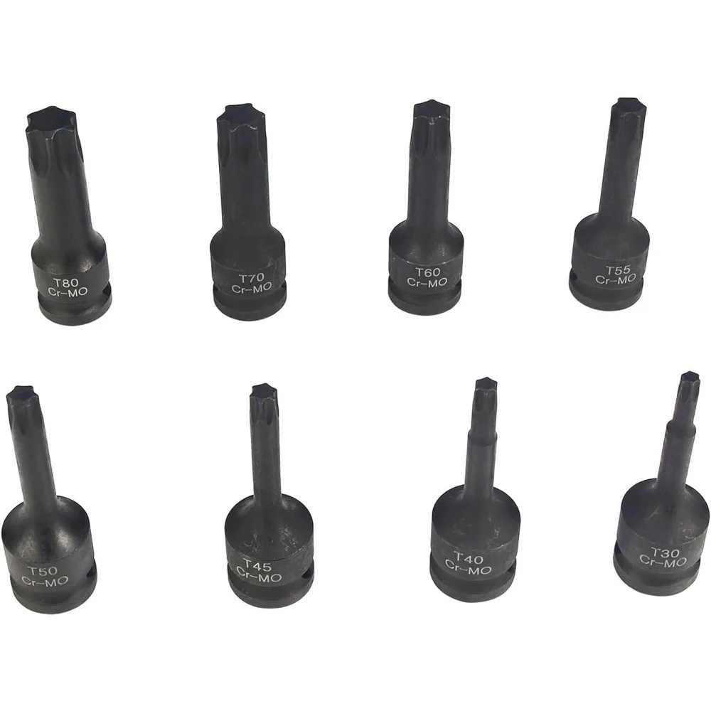 1/2 Inch Torx Bit Impact Wrench Nut Set, 78mm Impact Star Bit Socket Set T20 T25 T30 T40 T45 T47 T50 T55 T60 T70, Cr-Mo Steel