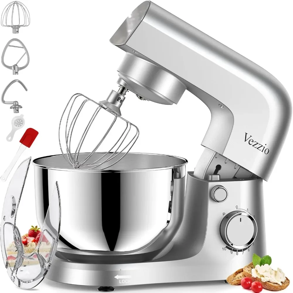 Vezzio Batidora Amasadora, 1500W | 4,5 L Amasadora de Pan Para Repostería,Bol de Acero inoxidable de Amasador,Batidor,Varillas y Pr