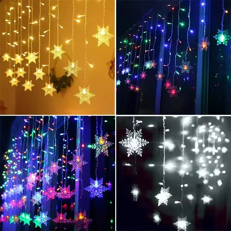 Guirnalda de luces LED con copos de nieve de Navidad, luces de cortina de hadas intermitentes para fiestas, bodas, decoración navideña, artículos para el hogar