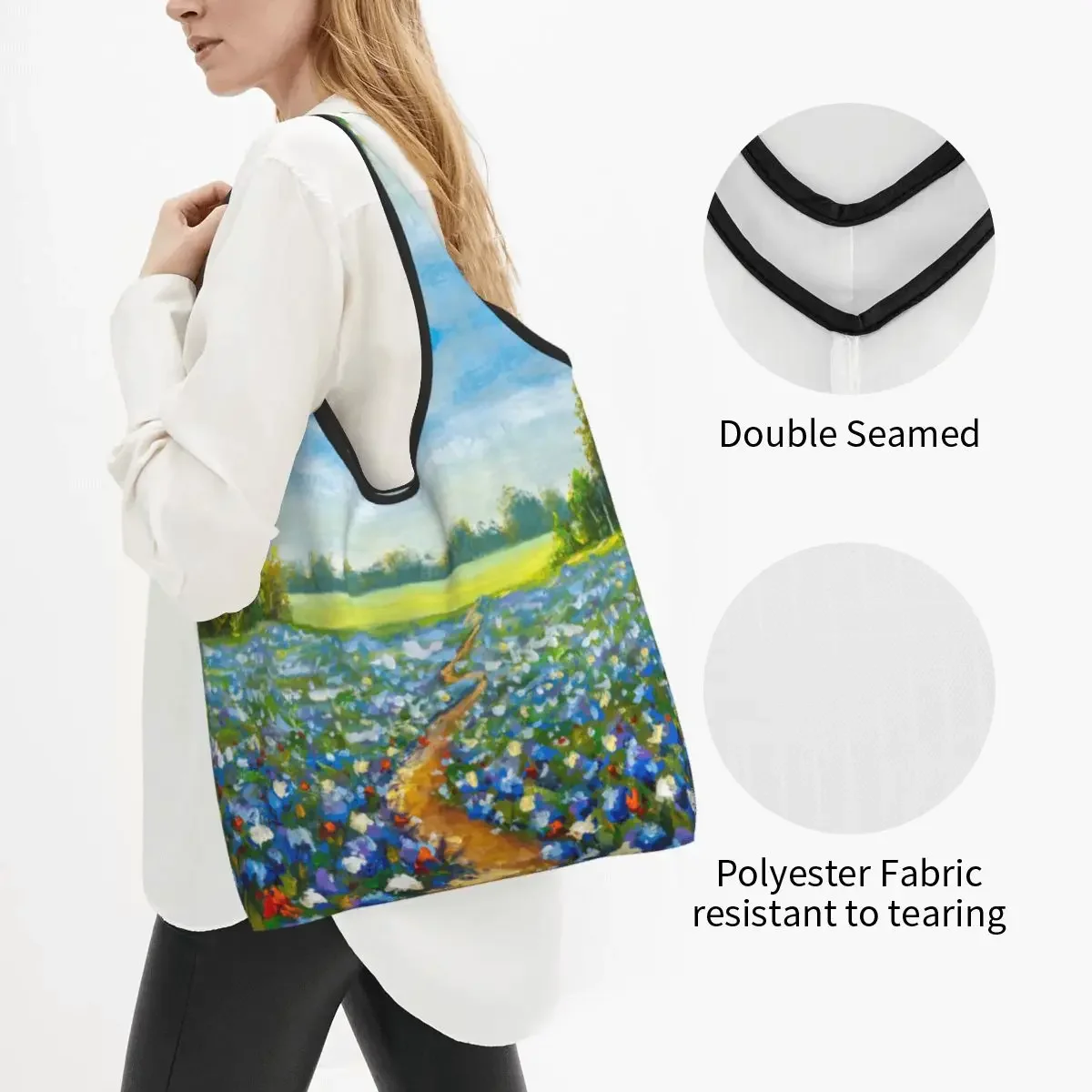 Bolsas de compras de pintura al óleo de campo de flores florales estéticas, bolsas de comestibles reutilizables, bolsas de arte de gran capacidad, bolso de mano lavable