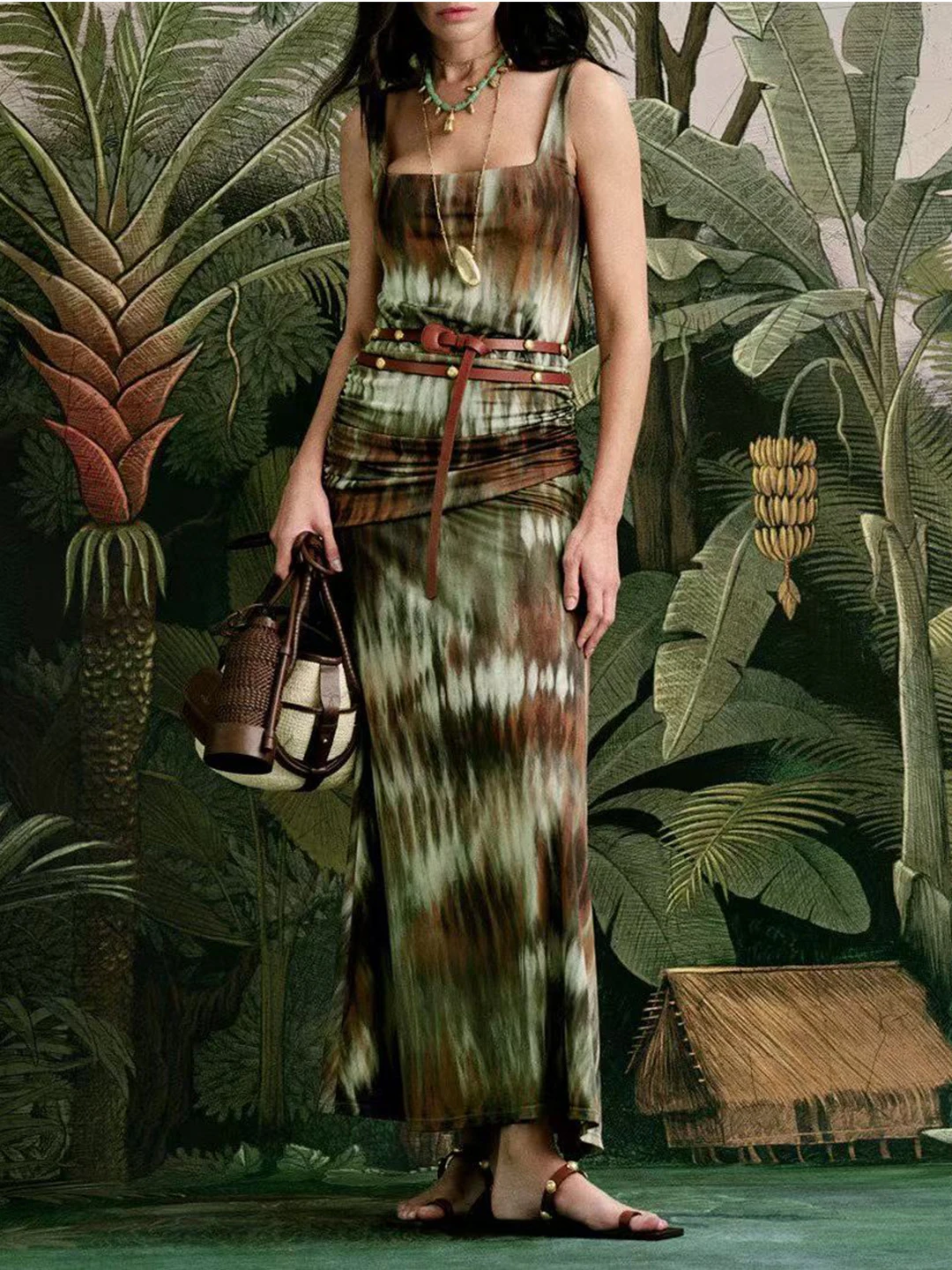 

Forest Jumping Spring Summer Gradient Color Print Pleated Square Collar Waist Cinching Slimming Strap Dress Casual Style