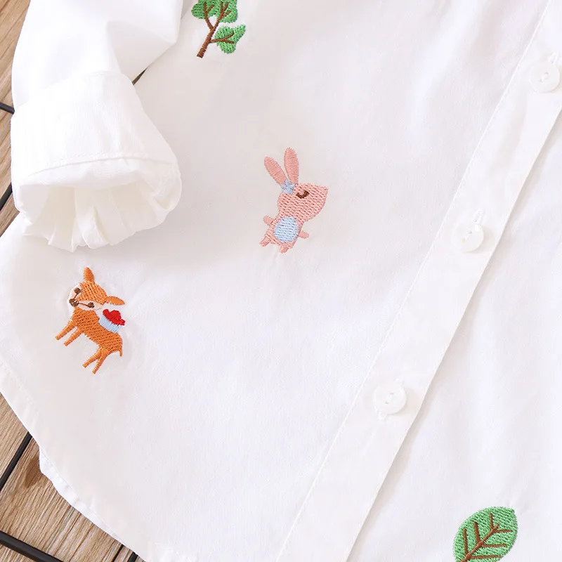 8 10 years Girl Embroidery Cartoon White Blue Blouse School Uniform Tops Spring Autumn Sweet Kids Girls Outfit