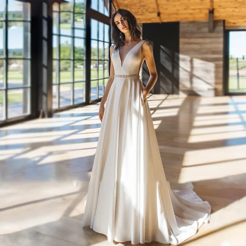 

Graceful Wedding Dress Satin With Beading A-Line Floor Length Ball Gown O-Neck Sleeveless Zipper Customized Vestido De Novia ﻿