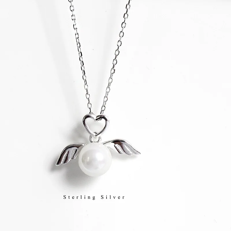 

S925 Sterling Silver Necklace with Pearl Heart Wing Pendant - Chic and Elegant Jewelry for Women
