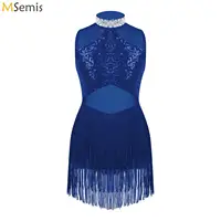 Vestido de baile de Ballet de Jazz con diamantes de imitación brillantes para niñas, cuello decorado, lentejuelas, malla, dobladillo de borla, leotardos de baile, vestido de actuación de baile