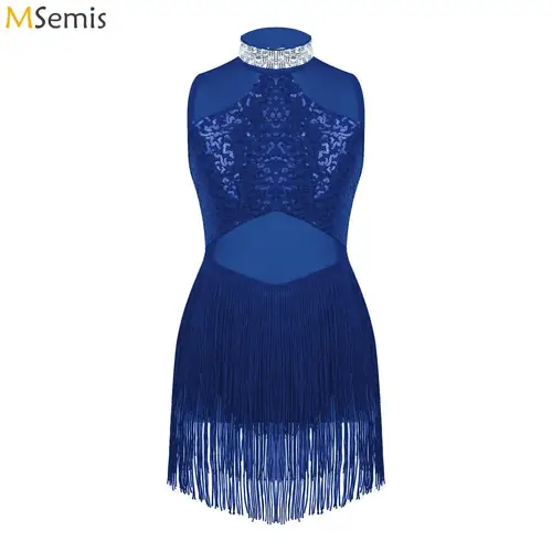 Vestido de baile de Ballet de Jazz con diamantes de imitación brillantes para niñas, cuello decorado, lentejuelas, malla, dobladillo de borla, leotardos de baile, vestido de actuación de baile