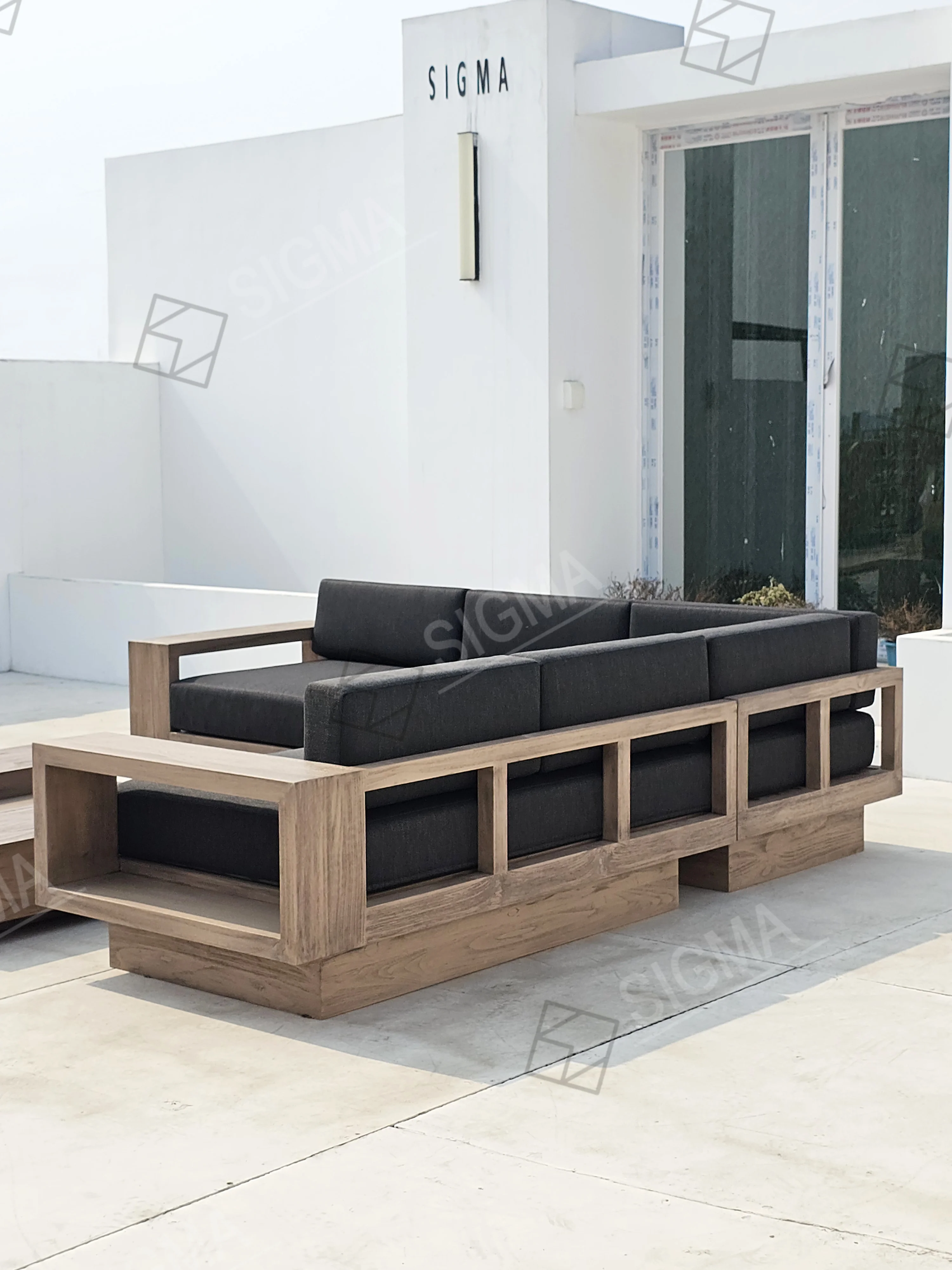 모던 가든 L자형 섹셔널 소파 티크 원목 고급 야외 라운지 티크 시그마 가구 파티오 정원 가구 세트