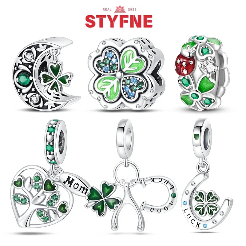 

925 Sterling Silver Good Luck Charms Green Four-leaf Clover Series Bead Fit Pandora Original Bracelet DIY Jewelry for Women Gift