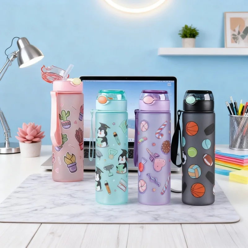 1-Pack Cute Durable Cartoon Donut Design Water Bottle -650ml Large Capacity Leak-Proof Sports Bottle