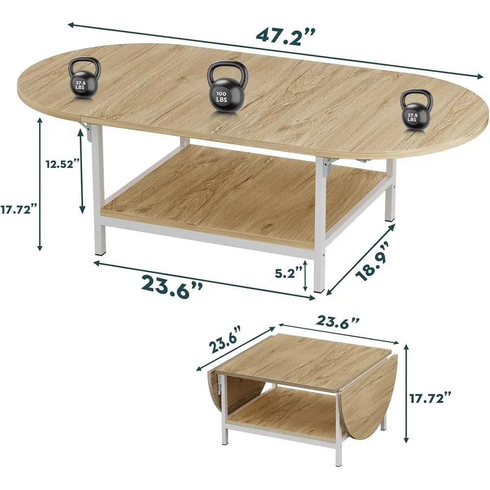 طاولة قهوة قابلة للتوسيع بطبقتين مع مساحة تخزين، لمسة نهائية من خشب البلوط الأبيض، مناسبة لمختلف أماكن المعيشة #2