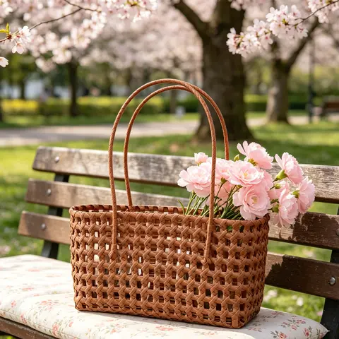 Solid Color Weave Tote Bag Handheld Picnic Basket Hollow Out Beach Bag Hollow Handbag for Outdoor Fruit Picking Flower Arranging