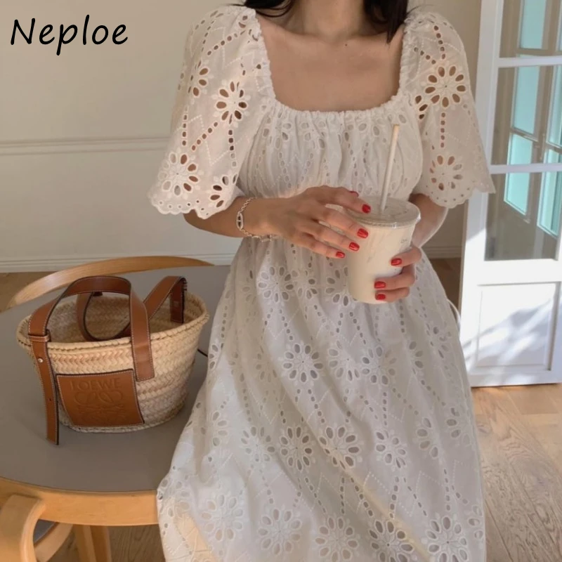 Neploe Heavy Lace Embroidery O-neck Dress for Women 2024 Summer New Slim Waist Dresses Y2k Puff Sleeve White Vestidos Mujer