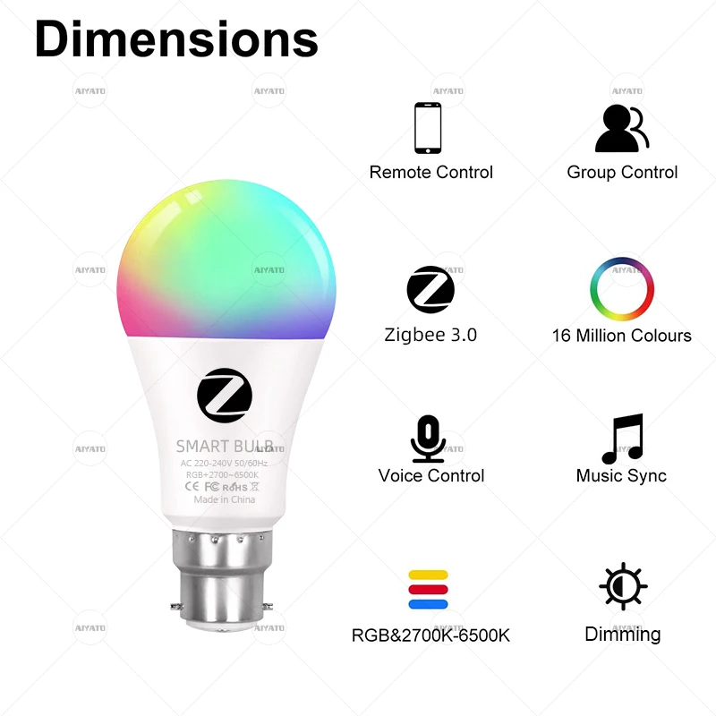 B22 Tuya Zigbee WIFI Smart Bulb lamps  220V Led RGBCW Light Voice Control Timing Smart Life APP Works With Alexa Google Home