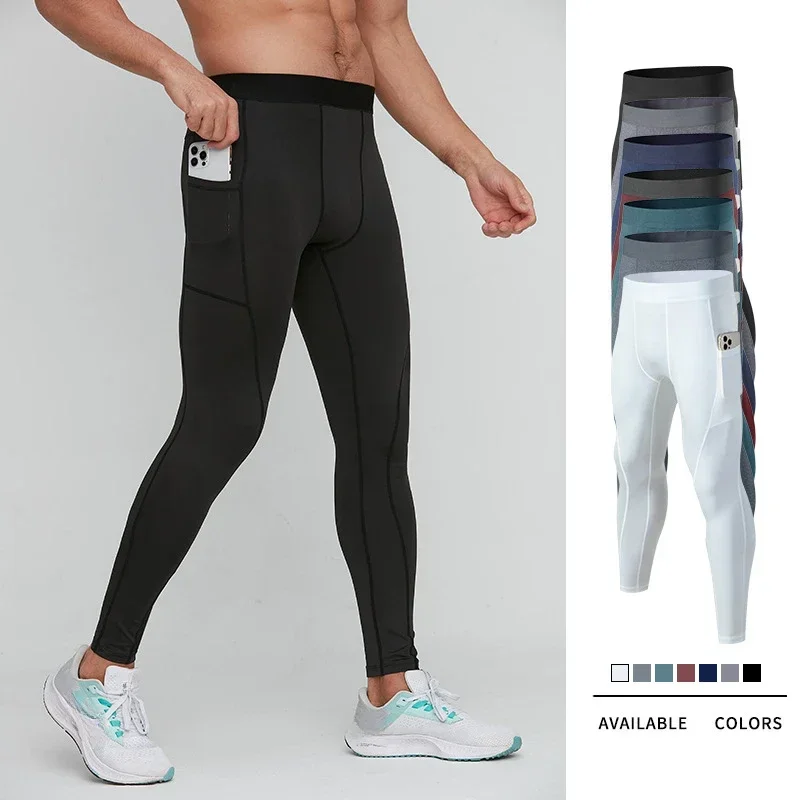 Pantalones de compresión para hombre con bolsillos, mallas de entrenamiento sólidas de secado rápido, ropa deportiva para gimnasio, pantalones deportivos, mallas deportivas para correr para hombre