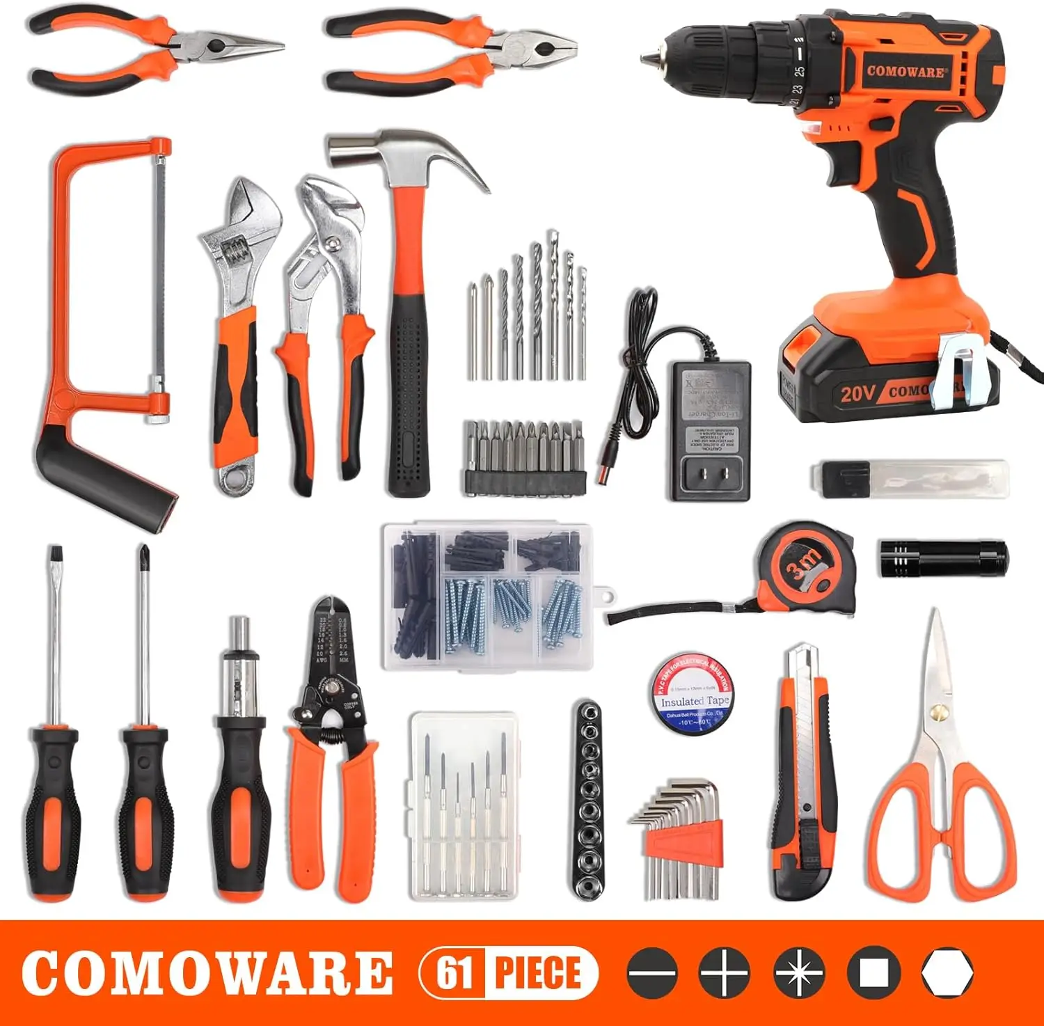 Comoware 20V Cordless Drill Set Combo Kit,120 Pcs Tool Kit For Home, Household Tool Sets For Men, Basic Tool Kit With Power