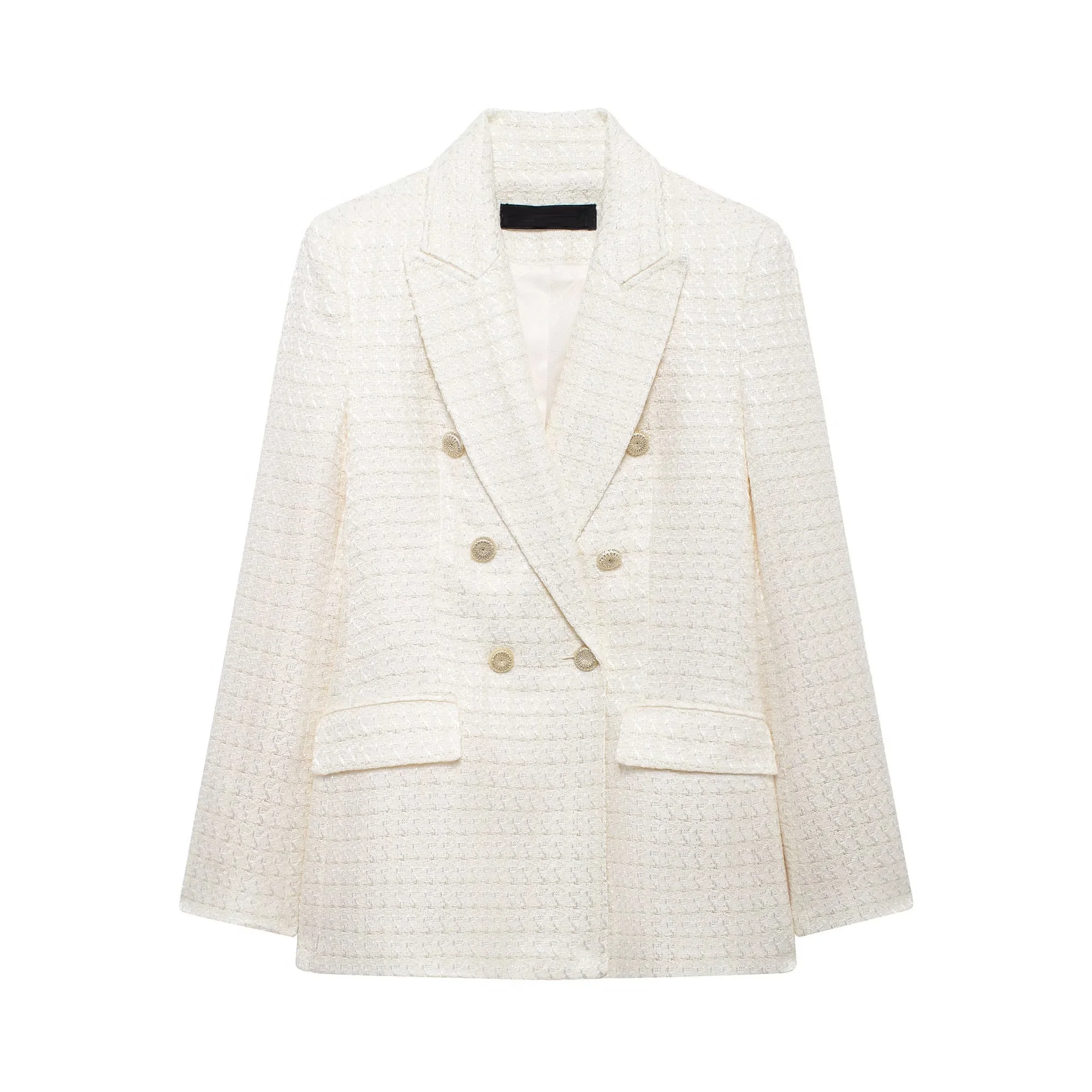 Tangada 2024 Women White Plaid Tweed Thick Suit Long Sleeve Pocket Female Crop Coat 3H0810