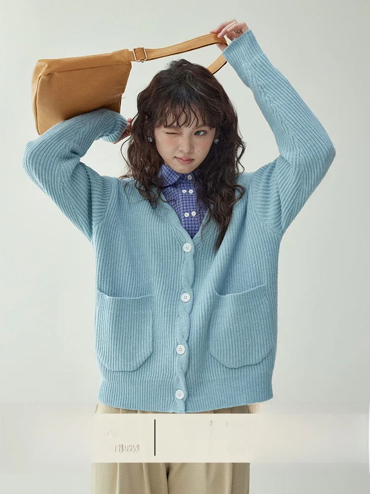 

North Island AMUU Original Soft Blue V-Ne ket Knitted Open Cardigan Women's Spring Autumn Sweater Jaet Top Casual Sl...