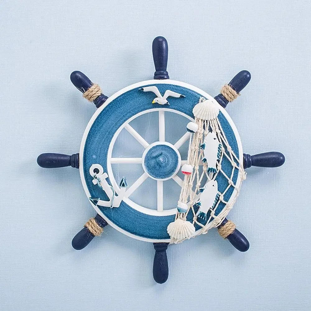 Ocean Style Art Decor 9 Inch Beach Wooden Boat Ship Steering Wheel Fishing Net Home Wall Decor Wooden Ship Wheel Ornament
