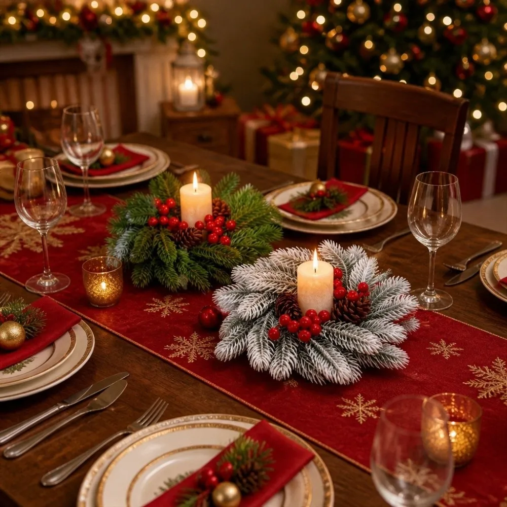 Simulated Christmas Wreath Candlestick Pinecone Handmade Artificial Wreath Candle Rings Decorative Pine Needle