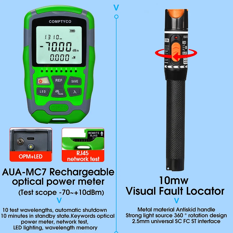 Imagem -02 - Kit de Ferramentas de Fibra Óptica com Aua-x9 Fibra Cutelo70 Mais 10dbm 50 Mais 26dbm em Mini Power Meter 10mw Visual Fault Locator