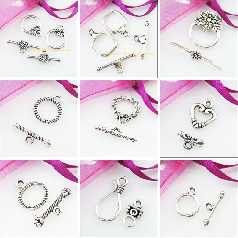 New Retro Square Circle Teardrop Heart Connectors NecklaceToggle Clasps Antique Silver Plated