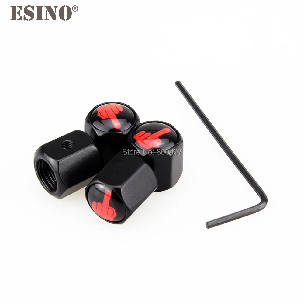Tapas de vástagos de válvula de neumático de rueda inoxidable antirrobo de dedo medio divertido, estilo de coche, 4 x